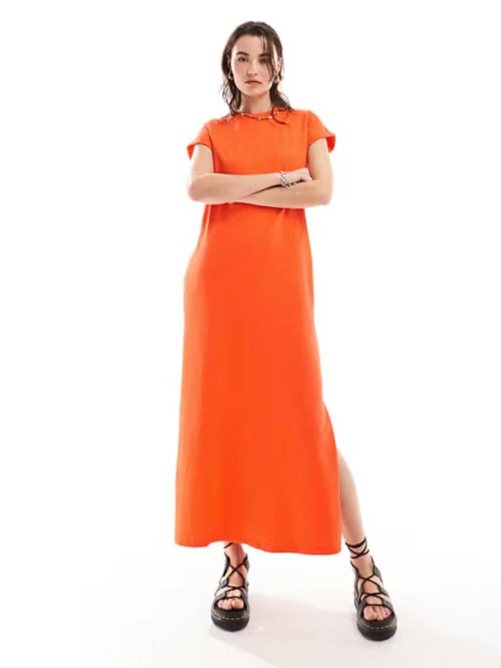 All Saints Anna Dress Maxi Crew Neck Short Sleeve Long Cotton Pockets Orange 8